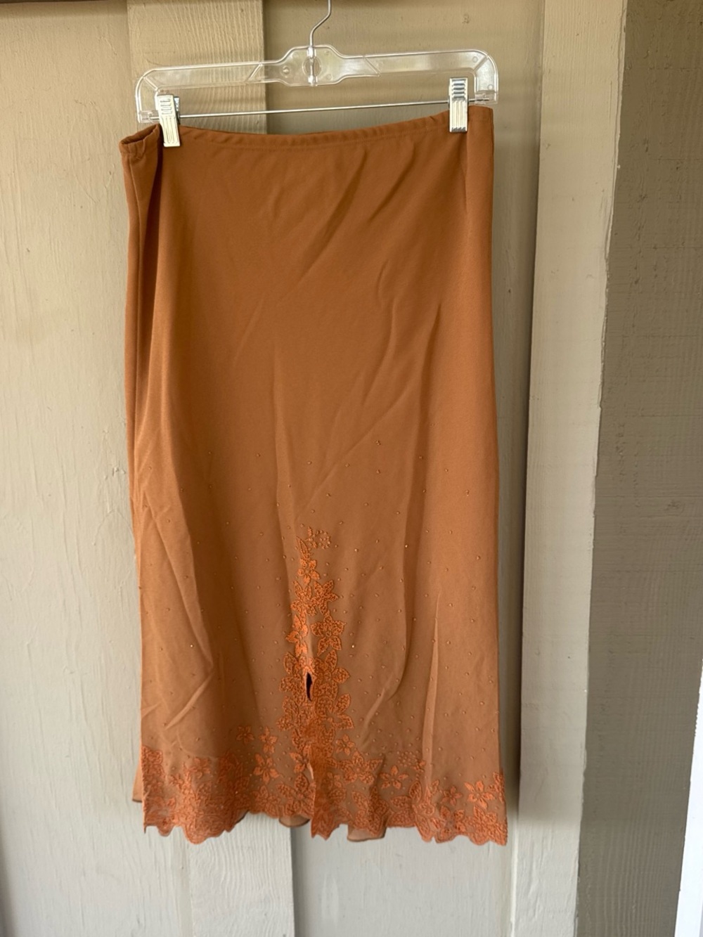 Embroidered Midi Slip Skirt in Burnt Orange